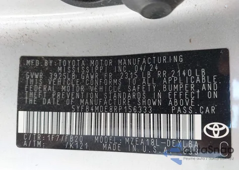 2024 Toyota Corolla Le z USA, uszkodzony, nr VIN 5YFB4MDE8RP156333